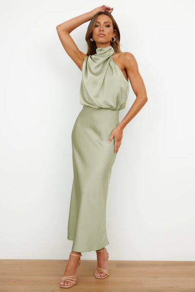 Valeria™ | Long Satin Dress with Halter Neck