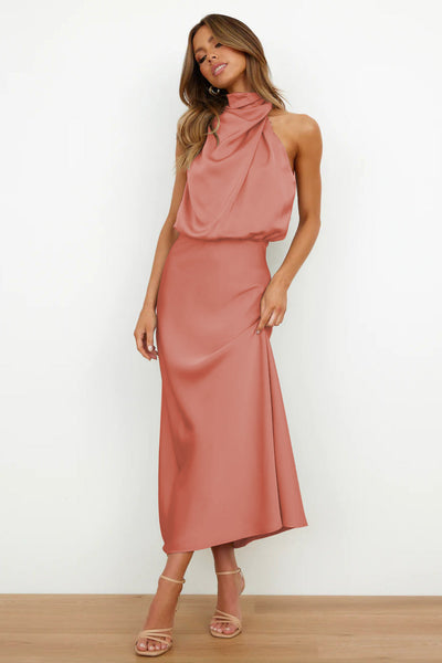 Valeria™ | Long Satin Dress with Halter Neck