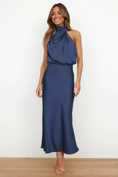 Valeria™ | Long Satin Dress with Halter Neck
