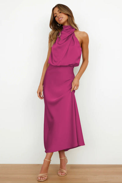 Valeria™ | Long Satin Dress with Halter Neck