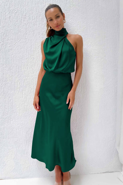 Valeria™ | Long Satin Dress with Halter Neck